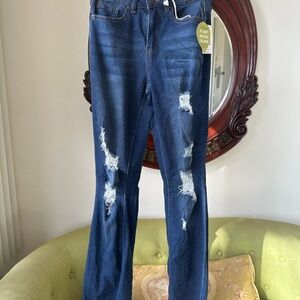 Stylish Distressed Flare Jeans in Dark Blue